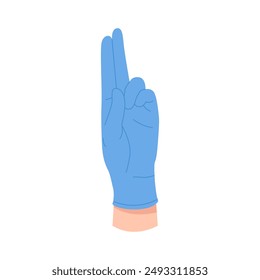 Los médicos llevan en la mano un guante azul protector que eleva el índice y los dedos medios hacia la Ilustración vectorial
