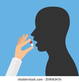 Doctor`s hand putting medicine pill in opened mouth. flat design