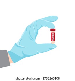 Doctor's hand in a rubber glove holds a vaccine against the disease virus. Epidemic concept. Vector illustration isolated on a white background.