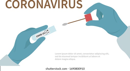 Doctor's hand with saliva test tube to check for coronavirus Covid-19. Medicine and health concept. Flat vector illustration.