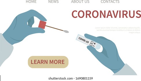 Doctor's Hand With Saliva Test Tube To Check For Coronavirus Covid-19. Medicine And Health Concept. Template For Website, Landing Page. Flat Vector Illustration.