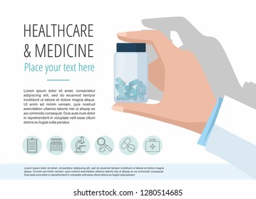 Doctor's hand showing pills bottle. Vector template with icons and text on white