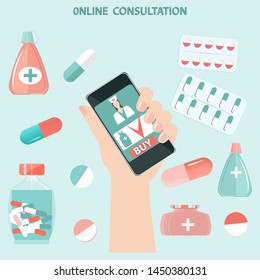 Doctor's hand with a smartphone, avatar, set of pills - flat style - isolated - vector. Online consultation - the choice and purchase of drugs. Medical Concept