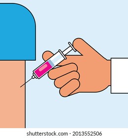 Doctor's hand with syringe making injection of vaccine or medicine to patient's arm. Healthcare, medical treatment, prevention and immunization. Vector illustration EPS 10 isolated on blue background