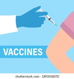 La mano del médico con una jeringa, haciendo la vacunación del paciente. Ampolla y jeringa con medicamento. El concepto de vacunación. Salud, diagnóstico hospitalario y médico. Ilustración del vector 