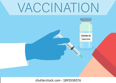 A doctor's hand with a syringe while vaccinating a patient against COVID-19. Ampoule and syringe with medicine. The concept of vaccination. Vector illustration in flat style