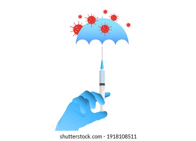 Doctor's hand is wearing a glove with a syringe injection vaccination medicine. Medical and health care. The blue umbrella that protects against coronavirus.