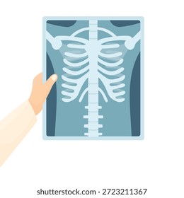 A mão de um médico em um casaco branco segura uma radiografia de um tronco sobre um fundo branco. Conceito para diagnosticar problemas nos ossos ou nos pulmões. Elementos da medicina
