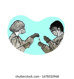 Doctors handling a sample illustration, drawing concept. N-Cov 19, Corona virus, anti virus digital sketch drawing artwork. Science, diagnostic, analysis.