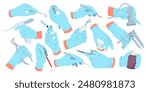 Doctors hands in blue sterile gloves holding different medical instruments set. Human arm of surgeon or dentist, nurse with hospital equipment, syringe and bottles cartoon vector illustration