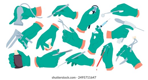 Doctors hands in blue sterile gloves holding different medical instruments set. Human arm of surgeon or dentist, nurse with hospital equipment, syringe and bottles