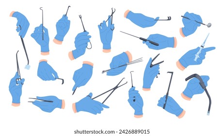 Doctors hands with different medical equipment and surgical tools set. Medicine collection of human arms in protective gloves operating, holding scalpel, lancet or syringe cartoon vector illustration