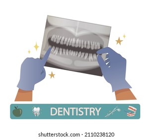 
The doctor's hands in gloves hold an x-ray panoramic picture of the jaw and teeth. Dentistry. Cartoon illustration, icon, isolated on white background.