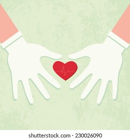 Doctor's hands in gloves holding heart. Vector