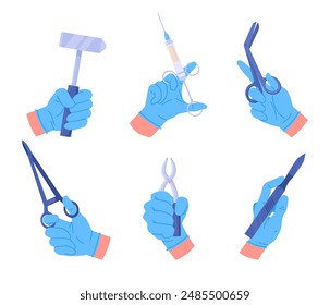 Doctors hands. Medical worker hands holding professional tools, syringe, scalpel and medical clamp flat vector illustration set. Cartoon medical equipment in doctors hands