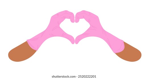 Doctor's hands with pink latex gloves showing heart sign. Two hands making heart sign Isolated on white background, vector illustration flat style. Symbol health, good news. Heart-shaped two hands