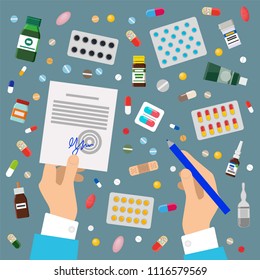 Doctors hands sign prescription and medicaments all over table. Packs of pills or capsules, means from cold in bottles cartoon vector illustrations.