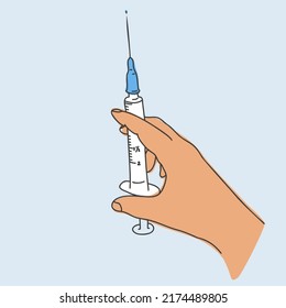 Las manos del médico con una jeringa con una vacuna o un medicamento hacen una inyección. El concepto de vacunación e inmunización. Ilustración vectorial plana