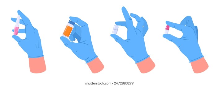 Doctores, manos. Manos de terapeuta en guantes de goma, manos de trabajador médico sosteniendo medicamentos y suspensiones inyectables juego de Ilustración vectorial plana. Medicamentos en las manos de los médicos