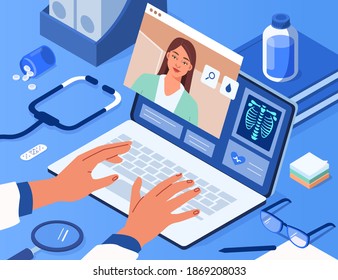 Doctors Hands typing on Laptop with Video Call on Screen. Therapist Consulting Patient Online. Health Care Services and Online Medicine Concept. Flat Isometric Vector Illustration.