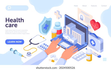 Los doctores escriben con la mano en una laptop rodeada de elementos del hospital. Concepto de servicios médicos modernos en línea. Sitio web, página web, plantilla de página de inicio. Isometric cartoon vector ilustración.