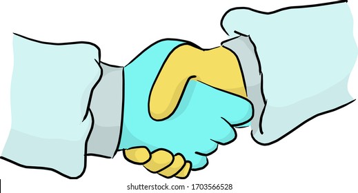 Doctors handshake as partnership or teamwork Medical team to fight against Covid-19 virus vector illustration sketch doodle hand drawn isolated on white background