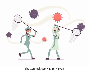 Doctors, health care workers catching virus with a butterfly net. Physicians, nurses, medical staff struggling to protect people and prevent spread of disease. Vector flat style cartoon illustration
