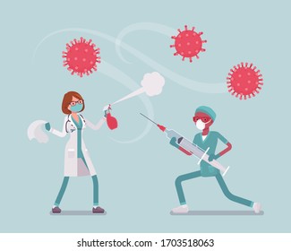 Doctors, health care workers fighting against virus. Physicians, nurses on frontline against coronavirus with giant medical tools, professionals on infections. Vector flat style cartoon illustration