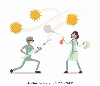 Doctors, health care workers fighting against virus. Physicians, nurses on frontline against coronavirus with giant medical tools, professionals on infections. Vector flat style cartoon illustration