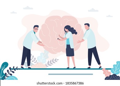 Doctors help brain. Neurologist group analyze brain anatomy. Inner organs disease treatment concept. Male and female character in white doctors coats. Brain care and healthcare. Vector illustration