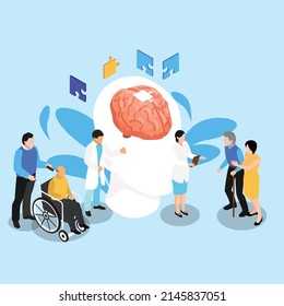Doctors help elder patients with Alzheimer disease isometric 3d vector illustration concept for banner, website, illustration, landing page, template, etc