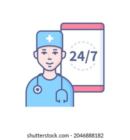 Doctors help - modern line design style icon on white background. Detailed image of young professional who is ready to answer questions by phone and provide 24-7 health support. Prompt diagnostics