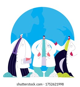 Doctors helping the world wearing face masks vector illustration design