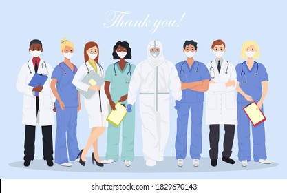 Doctors is a hero. Thank you brave healthcare working in the hospitals. Set of portraits of male and female medical workers, medics and paramedics