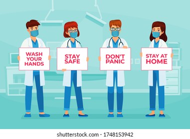 Doctors holding banners stay safe. Doctor in mask hold advices wash hands and stay at home, healthcare message signage, vector illustration