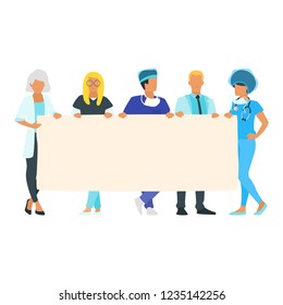 Doctors holding blank placard or banner. Young physician man and woman standing together. Minimalism vector design with people silhouettes.
