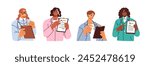 Doctors holding clipboard, consulting on health. Physicians set, showing medical documents, prescription papers, checkup notes in hands, speaking. Flat vector illustration isolated on white background
