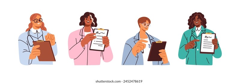 Doctors holding clipboard, consulting on health. Physicians set, showing medical documents, prescription papers, checkup notes in hands, speaking. Flat vector illustration isolated on white background