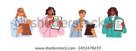 Doctors holding clipboard, consulting on health. Physicians set, showing medical documents, prescription papers, checkup notes in hands, speaking. Flat vector illustration isolated on white background