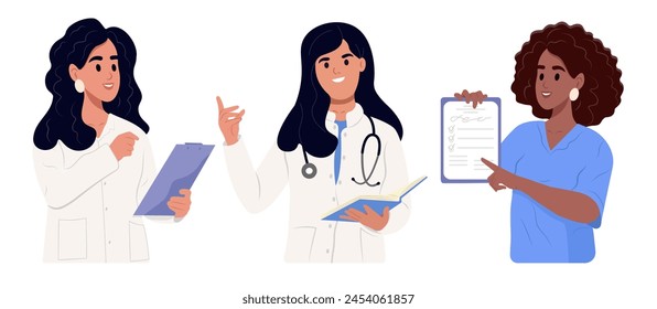 Doctors holding clipboard, examination notes, medical documents, test results, prescription papers, in hands, talking. Vector flat illustration isolated on white.