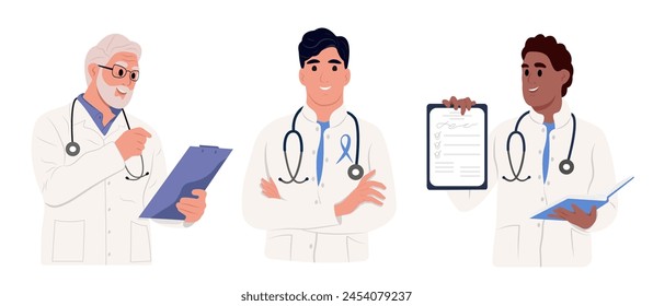 Doctors holding clipboard, examination notes, medical documents, test results, prescription papers, in hands, talking. Vector flat illustration isolated on white.