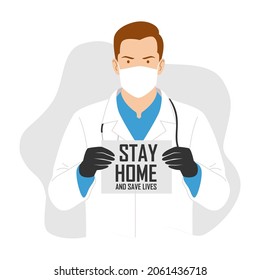 Doctors  holding poster  staying at home. Vector image