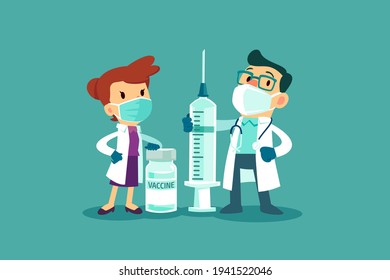 Doctors holding syringe and vaccine bottle. Covid-19, Coronavirus vaccine concept.