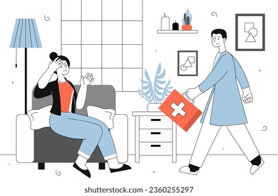 Doctors home visit line concept. Specialist with medical uniform with first aid box. Healthcare, diagnosis and treatment. Professional with patient indoor. Linear flat vector illustration