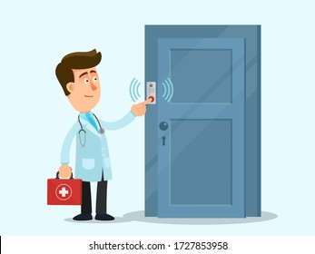 Doctor's Home Visit. Physician Ring To Doorbell, Emergency Visit To Sick Patient At Home. Vector Illustration, Flat Design, Cartoon Style, Isolated Background.