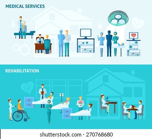 Doctors horizontal banner set with medical service and rehabilitation elements isolated vector illustration