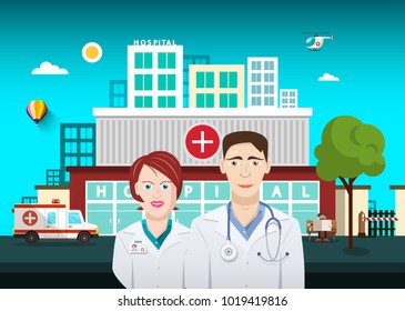 Doctors with Hospital Building on Background. Vector.