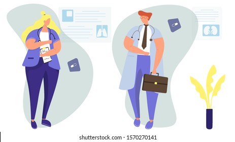 Doctors in the hospital on blue background. Clinic with doctors, nurse, health care. Background with medical posters. Colorful vector illustration in modern flat style.