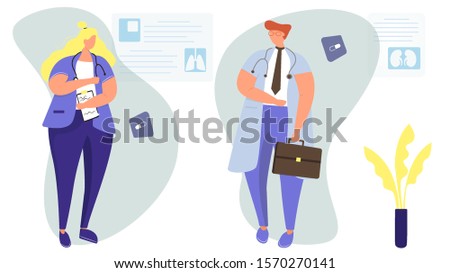 Doctors in the hospital on blue background. Clinic with doctors, nurse, health care. Background with medical posters. Colorful vector illustration in modern flat style.