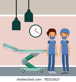 doctors in hospital room wheel bed clock lamps